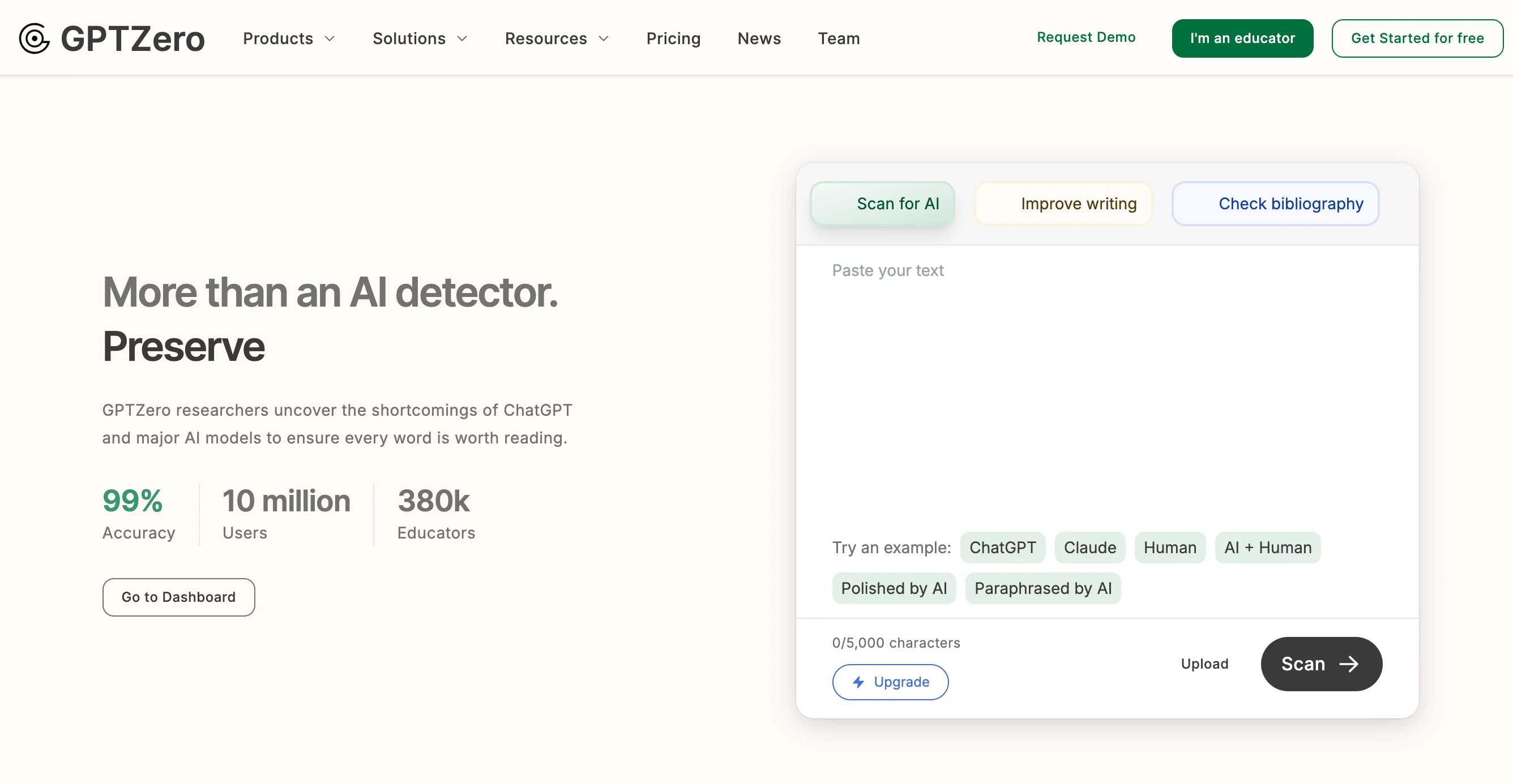 Homepage di GPTZero