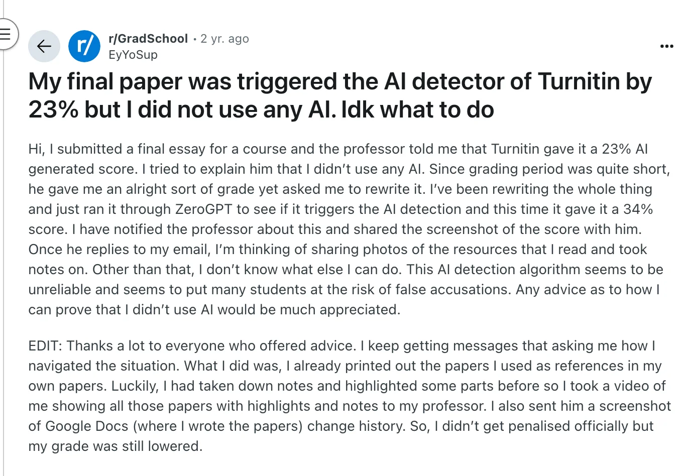 Post dell'utente Turnitin su Reddit 