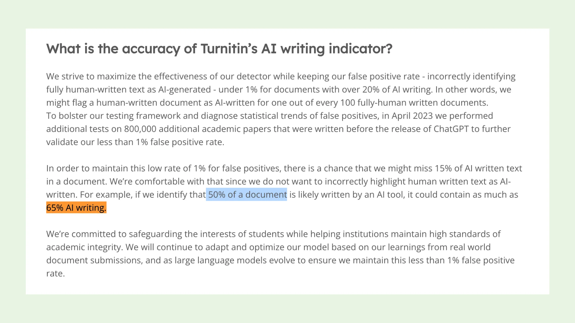 Screenshot dell'accuratezza dell'indicatore di scrittura AI di Turnitin