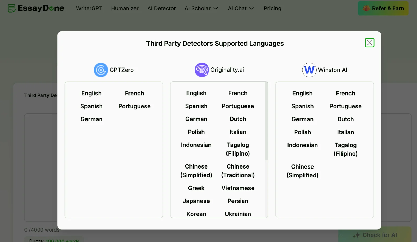 EssayDone AI detector sample results multi language support