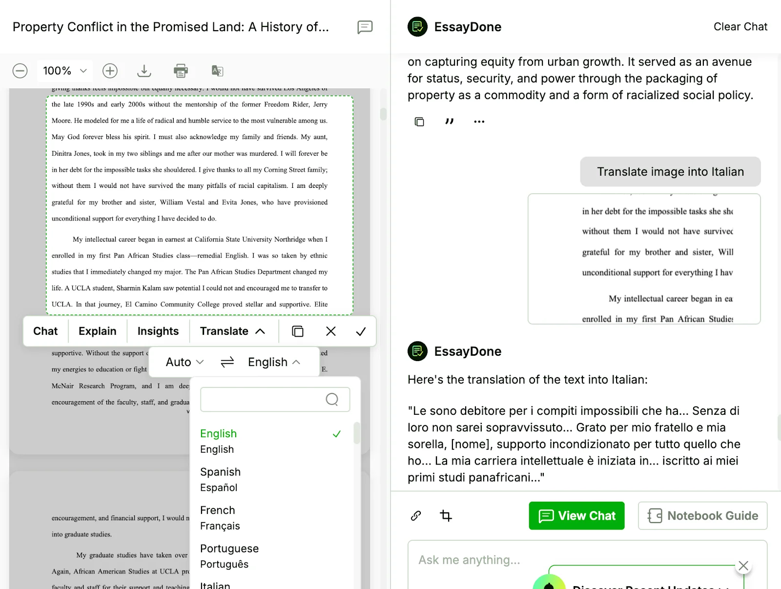 EssayDone chat with PDF translation