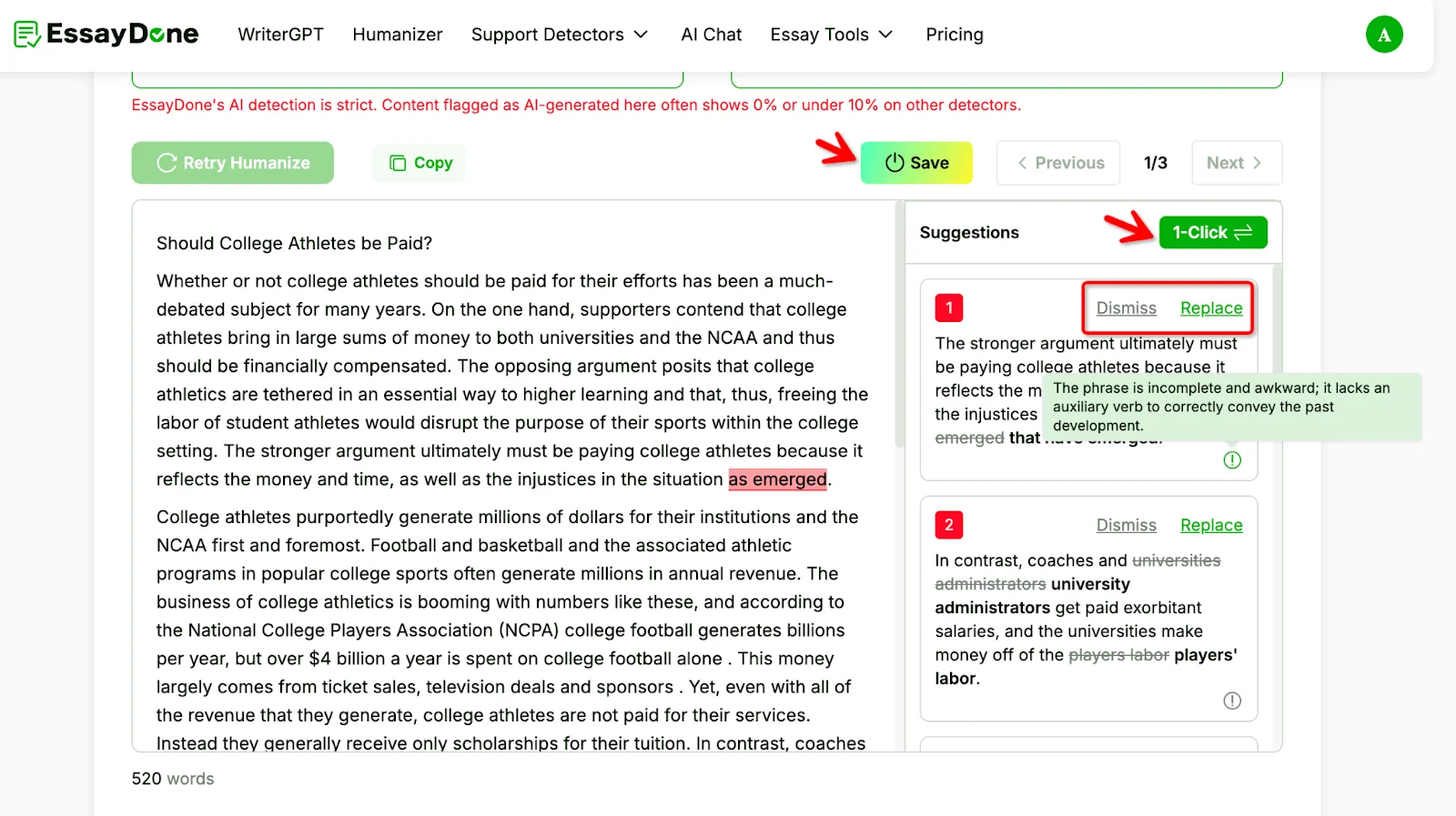 EssayDone Humanzier Grammar Check Save Changes